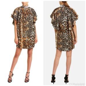 NWT GRACIA Brown Leopard Mock Neck Mini Cocktail Dress Sz- Small